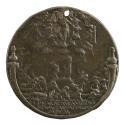 Bronze medal of what appears to be a scene of the Last Judgement with figures rising up out of …