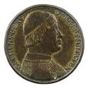 Bronze portrait medal of Clemente della Rovere wearing a round hat and a high-collared robe, in…