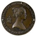 Bronze portrait medal of Mary of Burgundy with her hair tied in a knot, in profile to the right…