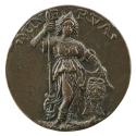 Bronze medal of a woman wearing a loose classical robe holding a spear in her right hand and sh…