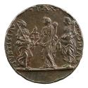 Bronze medal of three allegorical female figures representing Justice (on the left, holding sca…