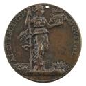 Bronze medal of a woman, laureate, holding a spear in her right hand and a basket in her left h…