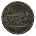 Bronze medal of a crowd of figures, some on horseback in front of a classical building; pearled…
