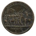 Bronze medal of a crowd of figures, some on horseback in front of a classical building; pearled…