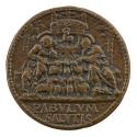 Bronze medal of two figures seated on steps, flanked by palm trees, with lambs on the steps bet…