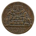 Bronze medal of two figures seated on steps, flanked by palm trees, with lambs on the steps bet…