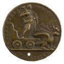 Bronze medal of a classical figure holding a flower in its right hand, in a chariot, pulled by …