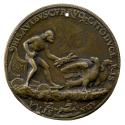 Bronze medal of a nude, bearded man, standing on a chariot, holding lightning bolts in his left…