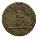 Bronze medal of a figure standing before a brazier with lightning above; pearled border