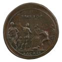 Bronze medal of nude men and a child standing around an altar-shaped object; pearled border