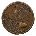 Bronze medal of an eagle perched on an overturned amphora out of which olive branches grow; pea…