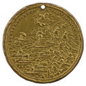 Gilt bronze medal of ships on a stormy sea. An angel holding a cross stands on one of the ships…