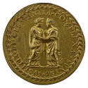 Gilt bronze medal of two crowned figures in classical dress facing each other in profile and em…