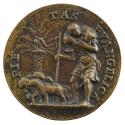 Bronze medal of a hunched shepherd leading a flock of sheep to the left, carrying a shepherd’s …