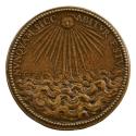 Bronze medal of a sun with a face, over a wavy sea; pearled border