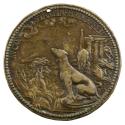 Bronze medal of a dog, seated, in profile to the left, in a landscape with columns on the right…