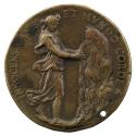 Bronze medal of a woman, wearing a loose classical robe, walking to the right with her arms hel…