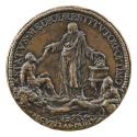 Bronze medal of three men. The man on the left is seated, and bearded, in profile to the right,…