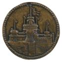 Bronze medal of a fortified castle with crenelated walls, with a flag flying from the central t…