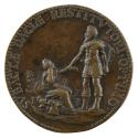 Bronze medal of a seated woman looking up to the right at a man in armor and a cape, who grasps…