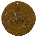 Bronze medal of a woman, seated, wearing a long loose gown, in profile to the left, holding a c…