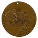 Bronze medal of a woman, seated, wearing a long loose gown, in profile to the left, holding a c…