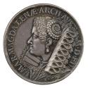 Silver portrait medal of Maria Maddalena of Austria wearing a large ruff and pearl drop earring…