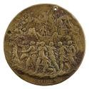 Bronze medal of a procession of classical figures, including men, women and children, in a land…