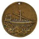 Bronze medal of a galley ship rowed by slaves; pearled border