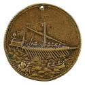 Bronze medal of a galley ship rowed by slaves; pearled border