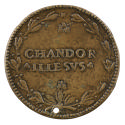 Bronze medal with an inscription inside a wreath of leaves and berries; pearled border