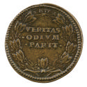 Bronze medal with a Latin inscription inside a wreath of leaves and berries; pearled border