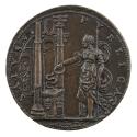 Bronze medal depicting a draped female figure standing with a spear in her left hand and a pate…