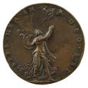 Bronze medal of a standing figure in a loose, billowing classical robe, with arms and face rais…