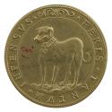 Gilt bronze medal of a dog wearing a wide collar, looking to the left; pearled border