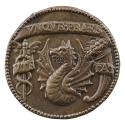 Bronze medal of a dragon looking to the left, between the caduceus and a cornucopia; pearled bo…