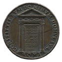Bronze medal of a building with columns on either side