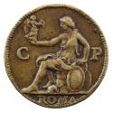 Bronze medal of a woman seated on armor, wearing a short dress which leaves her right breast ba…