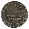 Bronze medal of a Latin inscription in a wreath; pearled border