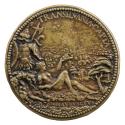 Gilt bronze portrait medal of Margaret of Austria wearing a high-collared dress and a wide ruff…