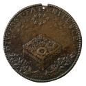 Bronze medal of wreaths on a square altar beneath a circle of stars, with branches on either si…