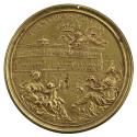 Gilt bronze medal of a large building. Above the building, an angel flies, holding a large crow…
