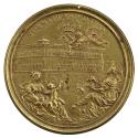 Gilt bronze medal of a large building. Above the building, an angel flies, holding a large crow…