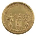 Gilt bronze medal of three standing female figures. The woman on the left is veiled and holds a…