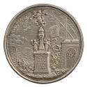 Silver medal of a statue of a trumpeting angel standing on a plinth, with four figures standing…