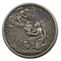 Silver medal of a laureate kneeling figure in profile to the left, holding a smoking offering i…