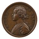 Bronze portrait medal of Prince Henry as a young boy, with long, curly hair tied back with a ri…