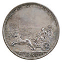 Silver medal of Princess Clementina in a chariot drawn by two horses to the left, with building…