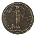 Bronze medal of a nude woman holding billowing drapery behind her head standing on a pedestal; …