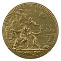 Gilt bronze medal of two female figures in a landscape. The woman on the left wears armor and a…